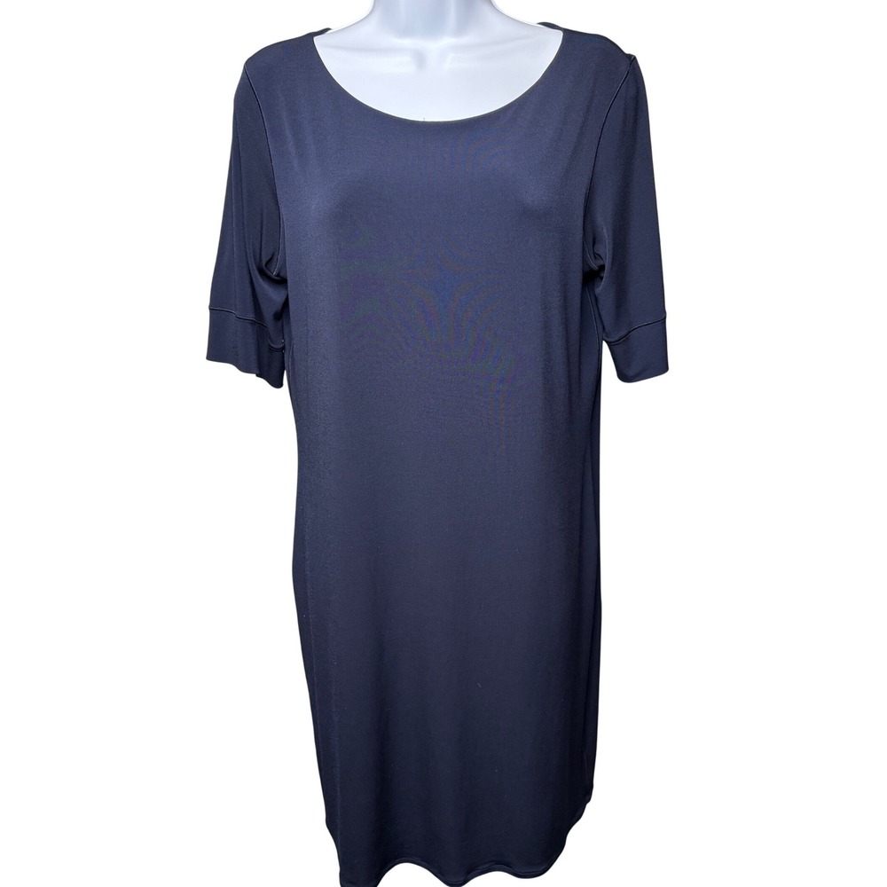 EVA VARRO Womens Blue Short Sleeve Scoop Neck Shift Dress Sz L Office Quiet Luxe